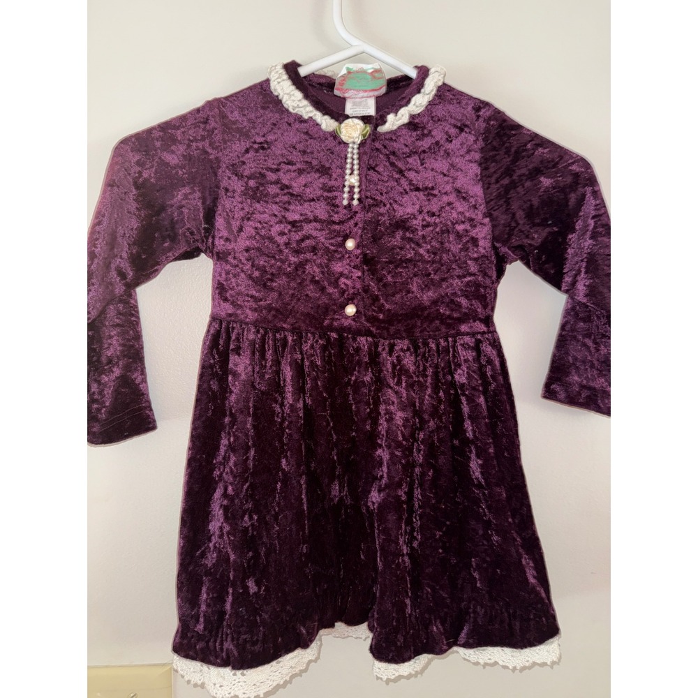 Vintage Allison Ann Girls Purple Crushed Velvet Lace Trim Holiday Dress Size 4